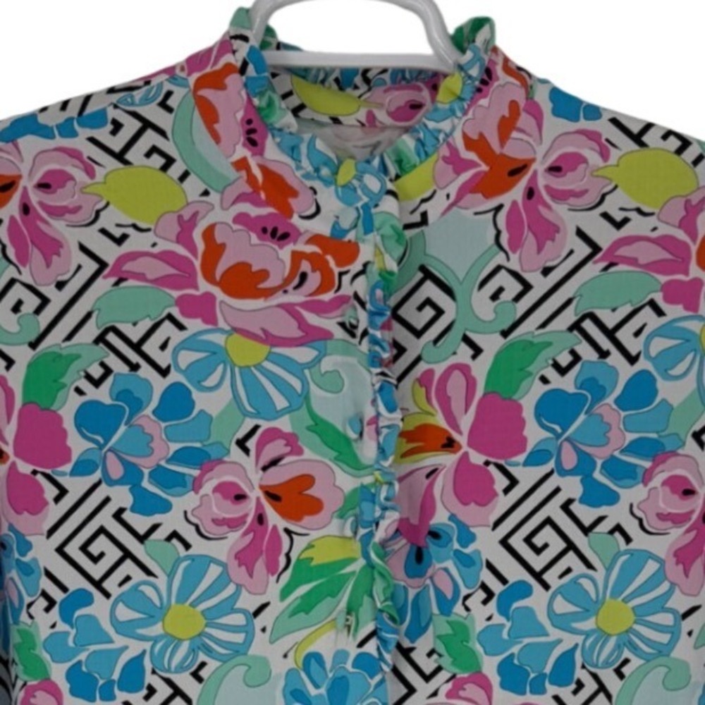 IBKUL Womens XL Floral Geometric Ruffle Mock Neck Long Sleeve Golf Top Pink Blue